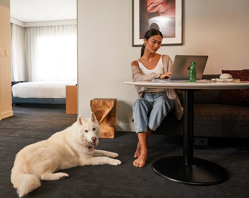woman typing on laptop with white fluffy dog next to her