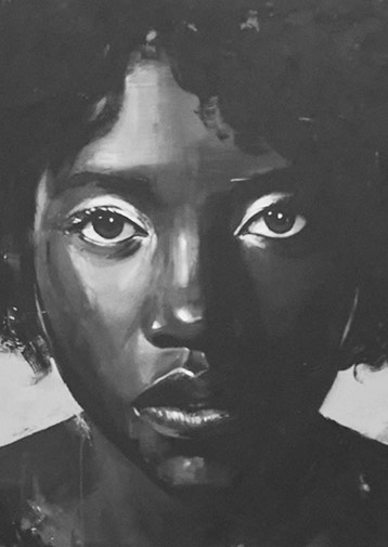 black and white shot of painting of womans face