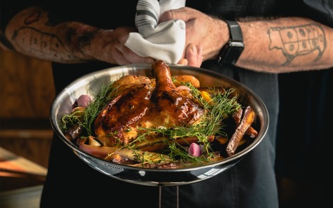 pan with roasted chicken