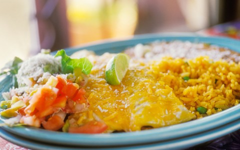 enchilada entree with rice and salsa