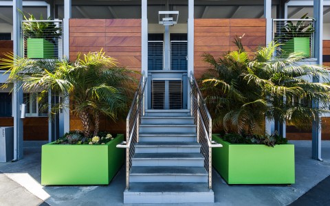 entrance to menlo park inn with bright green planters