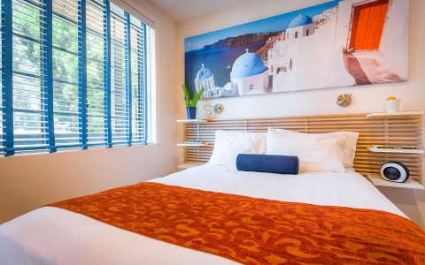 king bed with bright sunny window