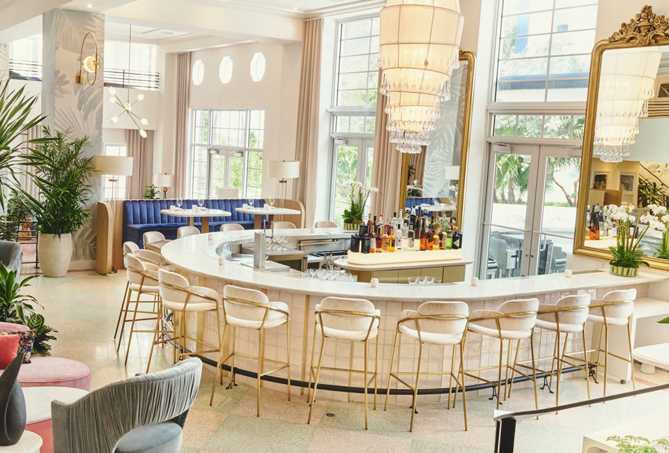 semi circular bar with white and gold accents