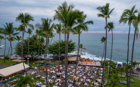 luau venue with palm trees overlooking the ocean during sunset 