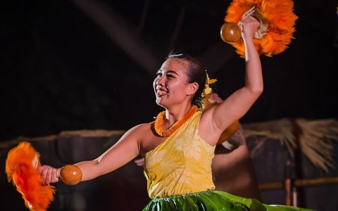 zoomed view of dancer with yellow shirt and grass skirt