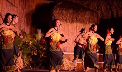 watching a group of women performing a luau dance 