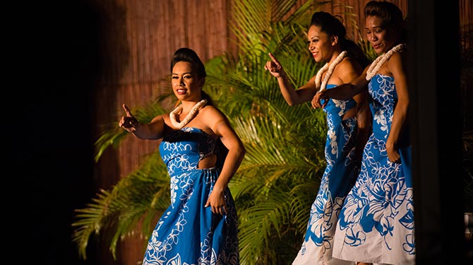 women in blue floral dresses performing