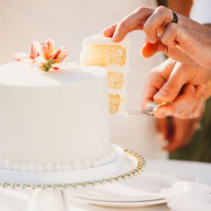 a couple cutting the cake after their wedding ceremony