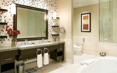 fancy bathroom with a large mirror and nice tub