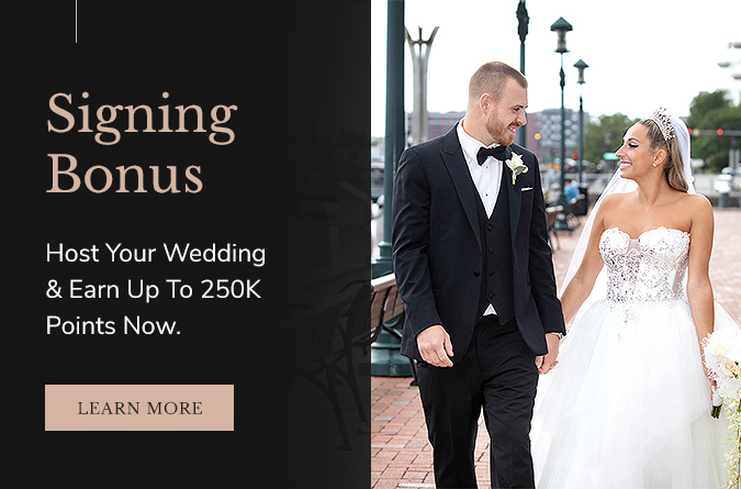 signing bonus popup alert. host your wedding and earn up to 250,000 points now. learnmore CTA