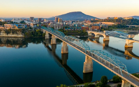 aerial view of bridge over water in Chattanooga