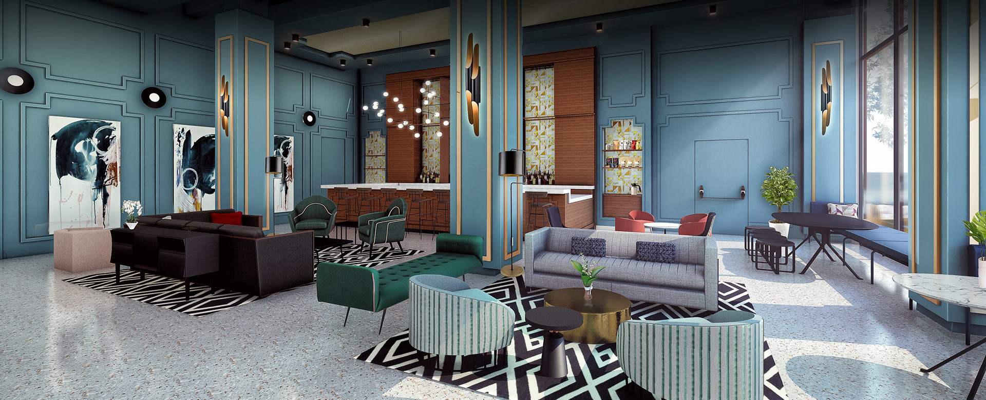 hotel lobby with blue wallpaper and many seating areas all with different chairs