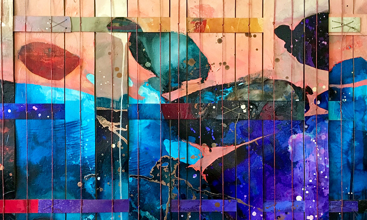 colorful painting with peach on top and dark blues at the bottom