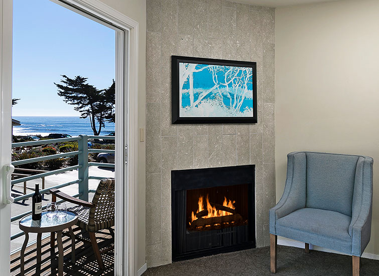 Fireplace next to balcony access