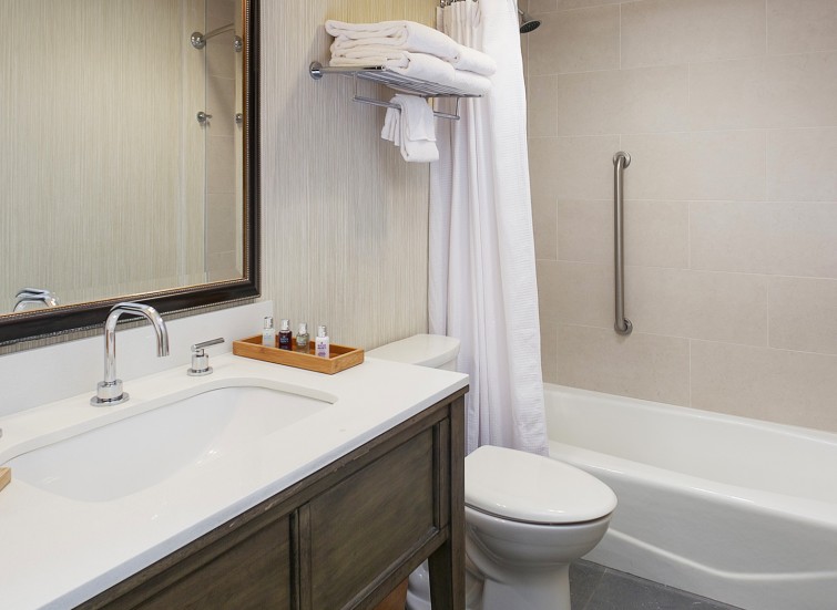 hotel bathroom with single vanity