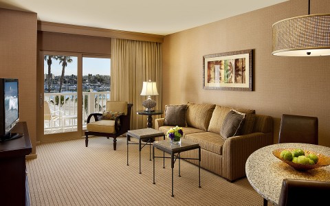 living room with tv, sofa and a large sliding glass door with access to marina view balcony