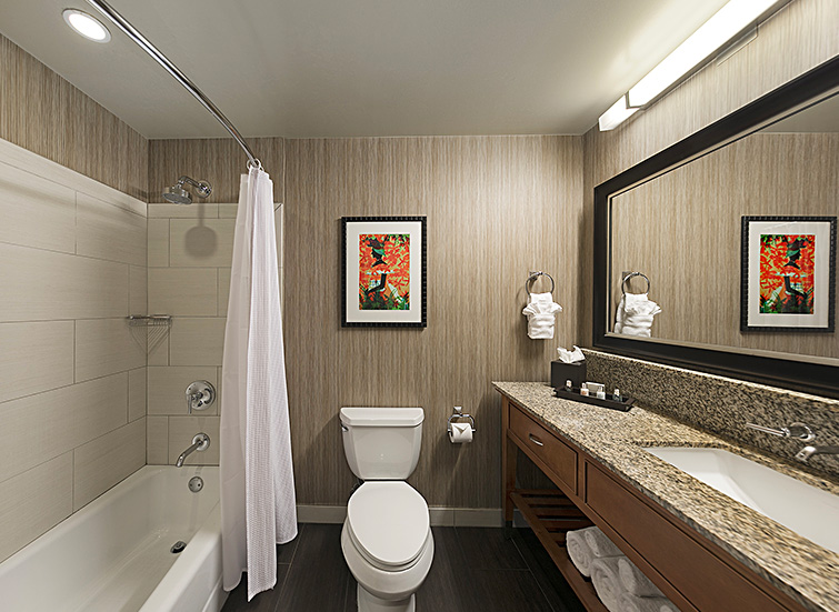 hotel bathroom with a long vanity 