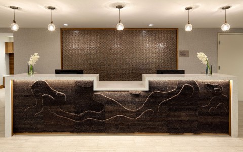 hotel lobby with brown wallpaper and large lobby desk