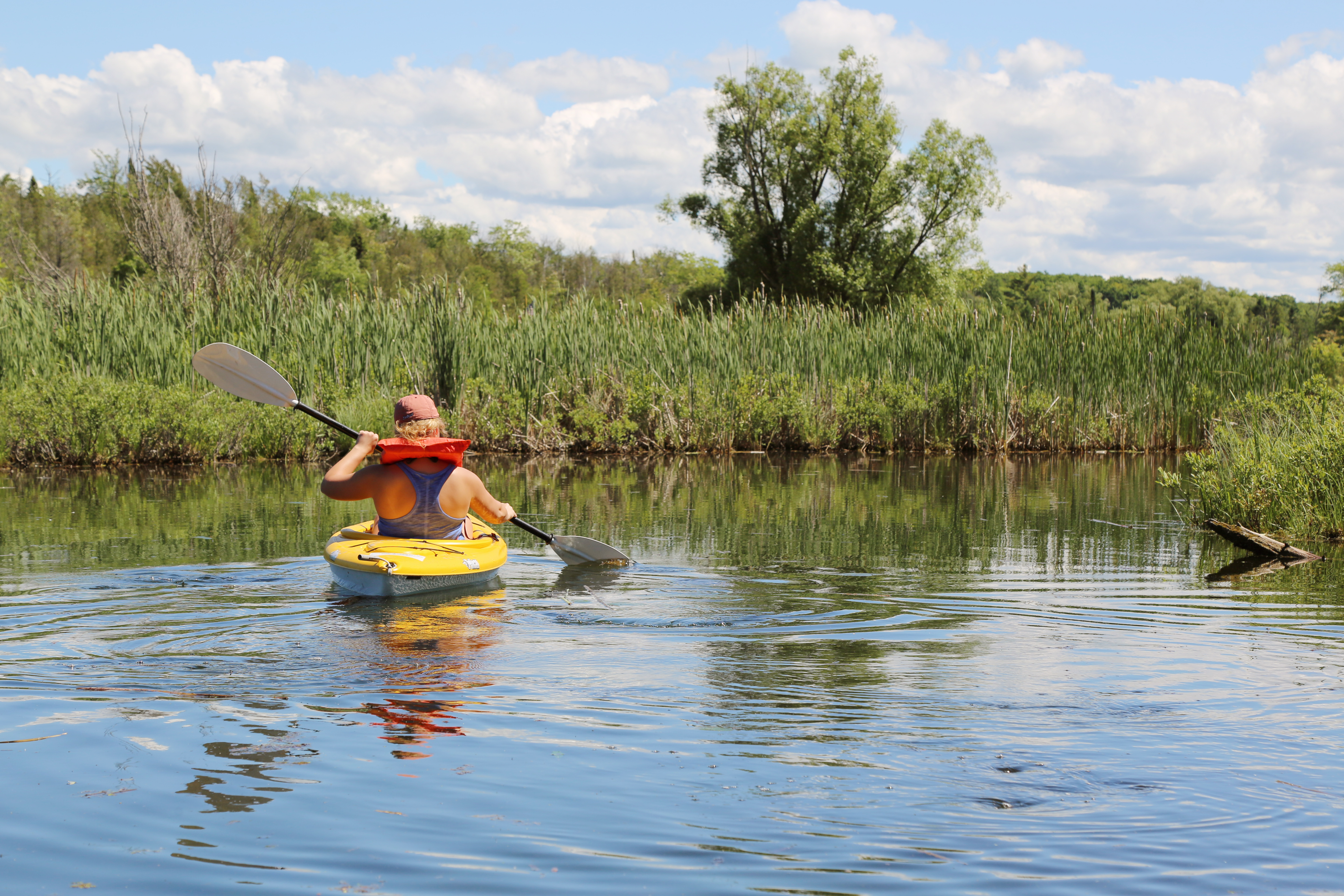 woman in yellow kayak paddling down a river with green grass and trees along the edge