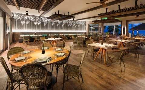 inside view of elements restaurant with chairs and wooden tables