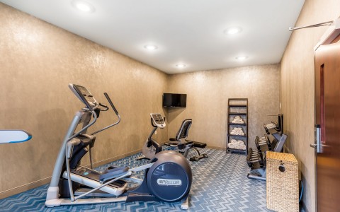 gym equipment elliptical and a cycling machine with free weights and a small tv