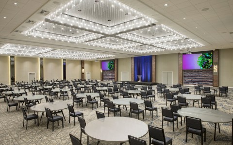 large meeting room with rows of round tables and chairs facing a podium