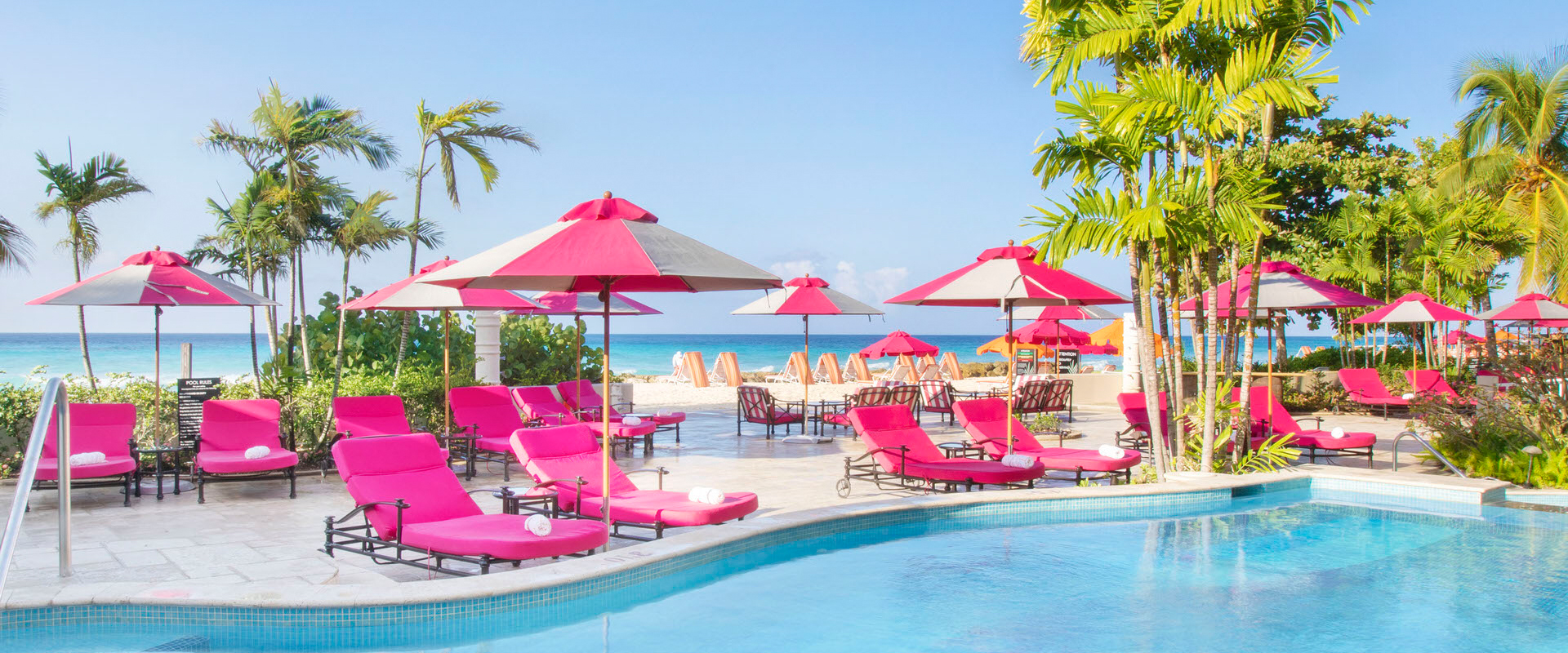 pink sun umbrellas and pool chairs around a pool 