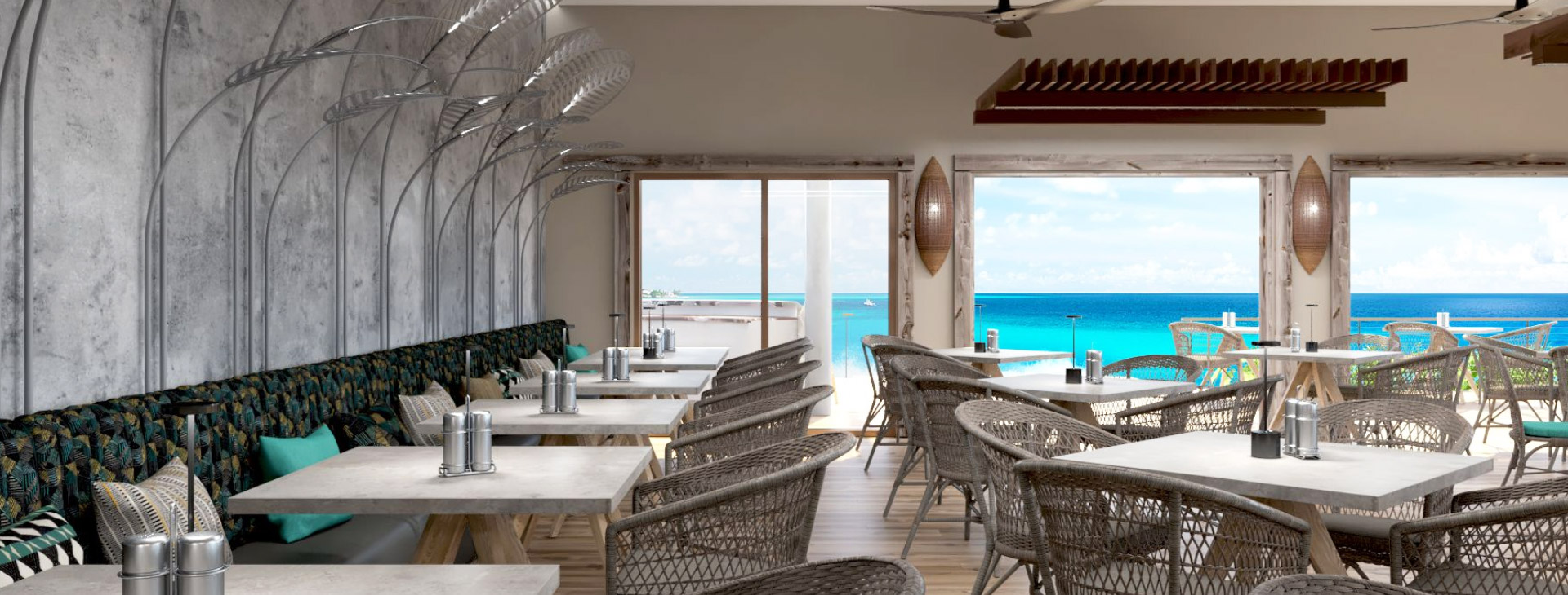 Interior view of a restaurant with ocean view