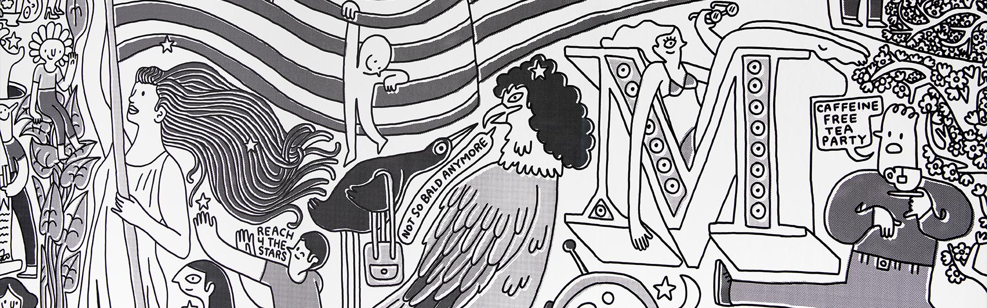 black and white graphics with people and a bird with an abstract background