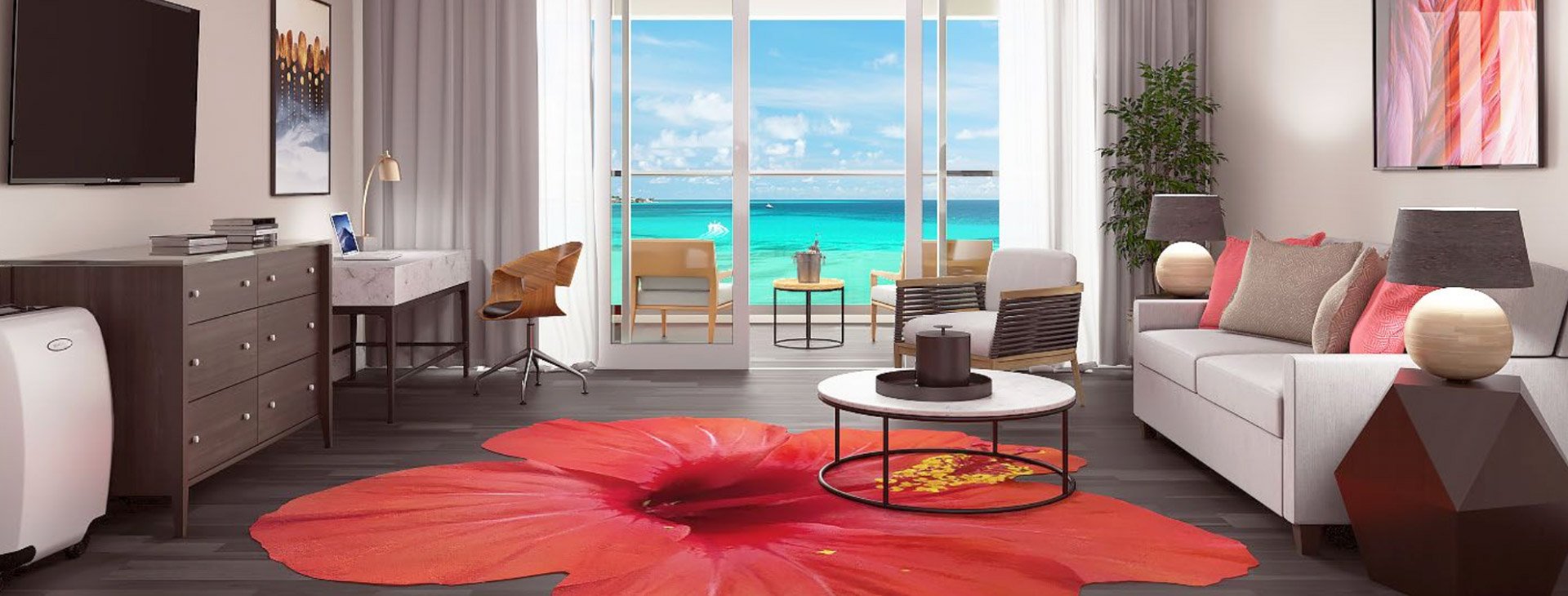 hotel room with a beautiful red carpet and balcony with sea view
