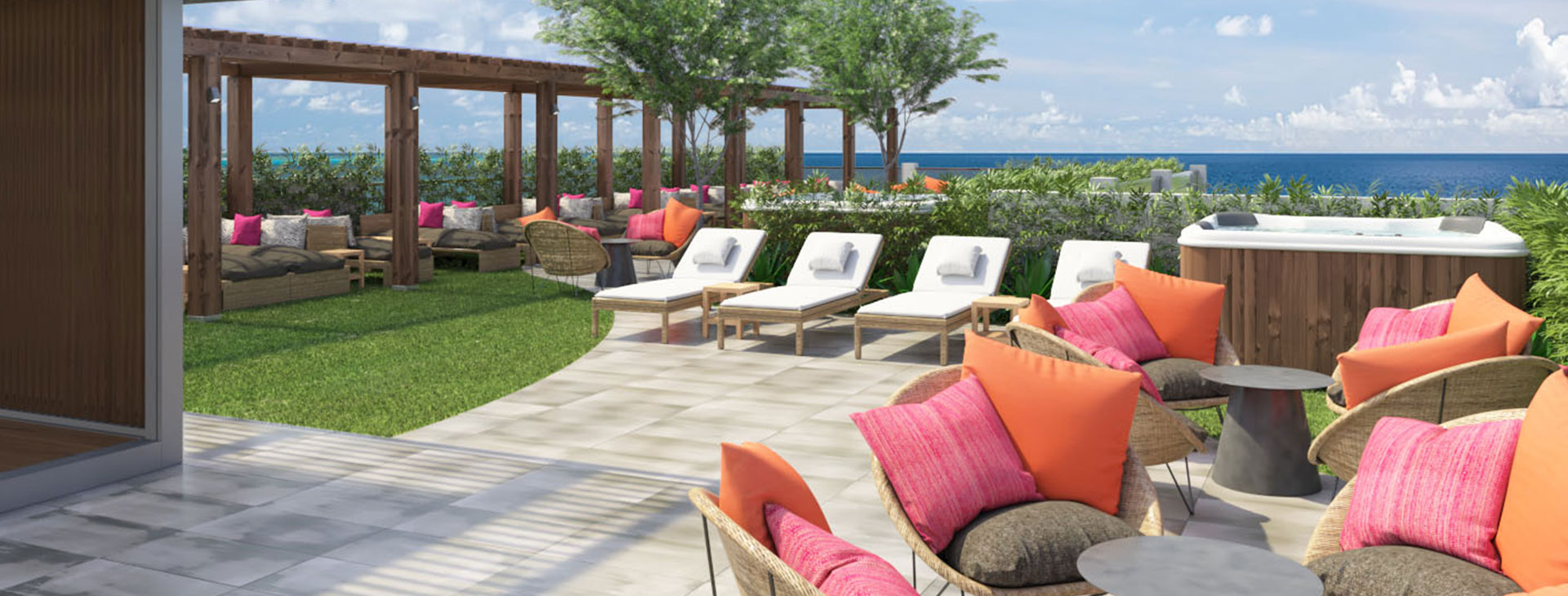 hotel rest zone with sun loungers on a sunny day