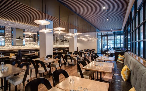 interior seating area of corner restaurant