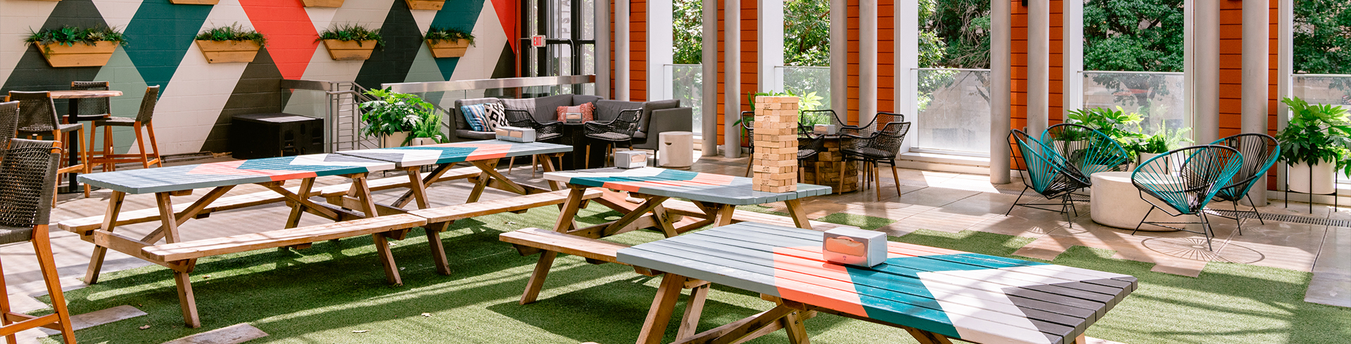modish outdoor colorful sitting area 