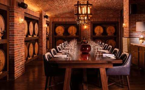  a long table with chairs