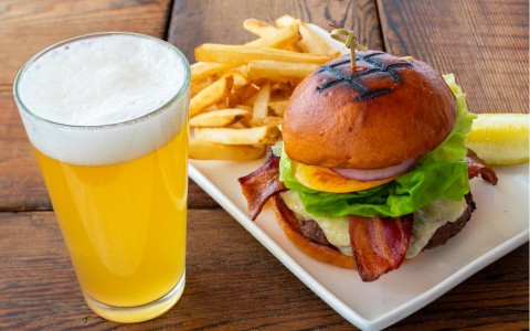 burger with fries and beer