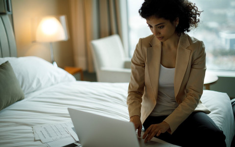 woman sitting on a bed working with laptop