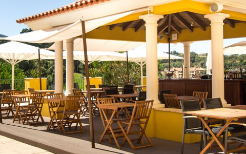 Outdoor patio seating area with covered area
