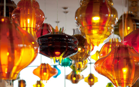 colorful lanterns hanging from ceiling
