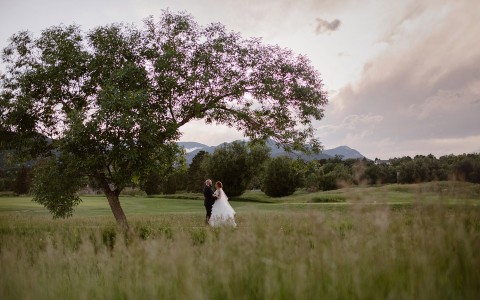Elizabeth Ann Photography - bride and groom on golf course under tree