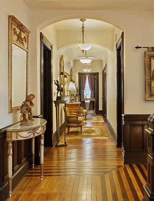 a hallway with traditional decor