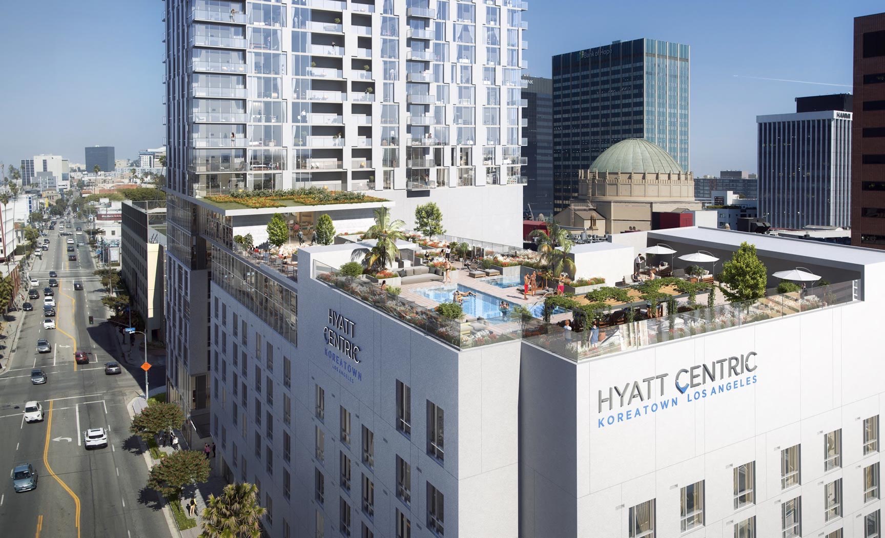 Aerial shot of rooftop pool of Hyatt Centric