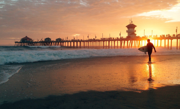 Surfer at Sunset on Huntington Beach