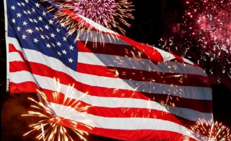 flag waving with fireworks
