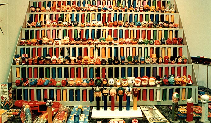 pez muesum. Vintage Pez dispensers line the entire wall.