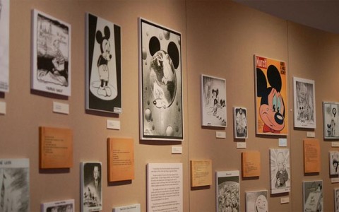 Walt Disney Family Museum. Historic drawings of Mickey Mouse line the wall