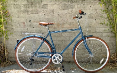 blue bike with red wheels