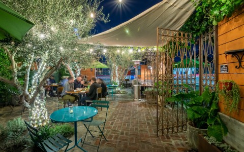 Exterior dining with heater and some plants