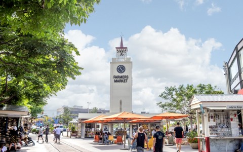 Street market with clock tower