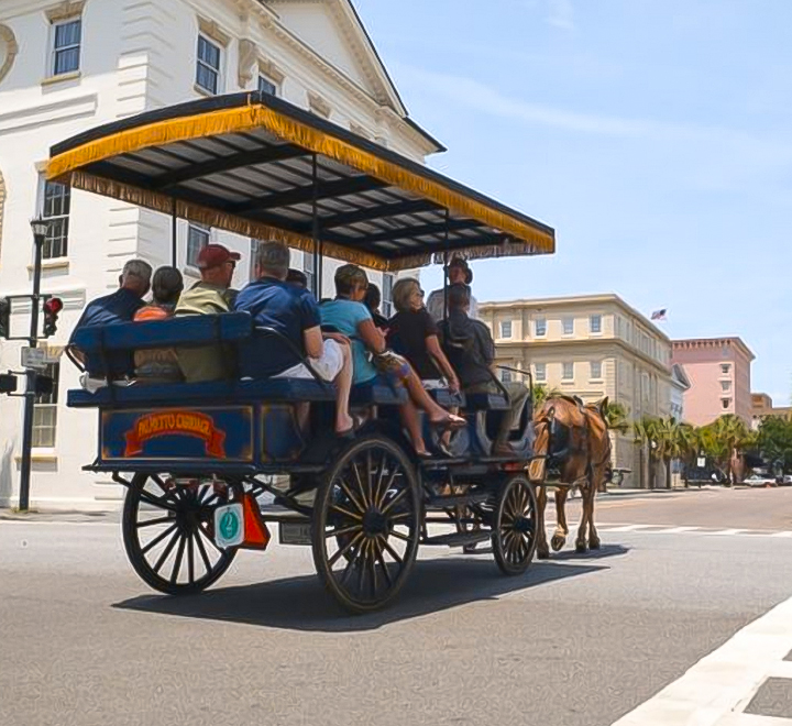 turists on a carriage carried by a horse