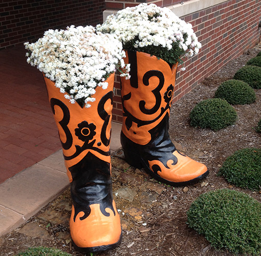 close up image of orange and black cowboy boots with flowers planted in them